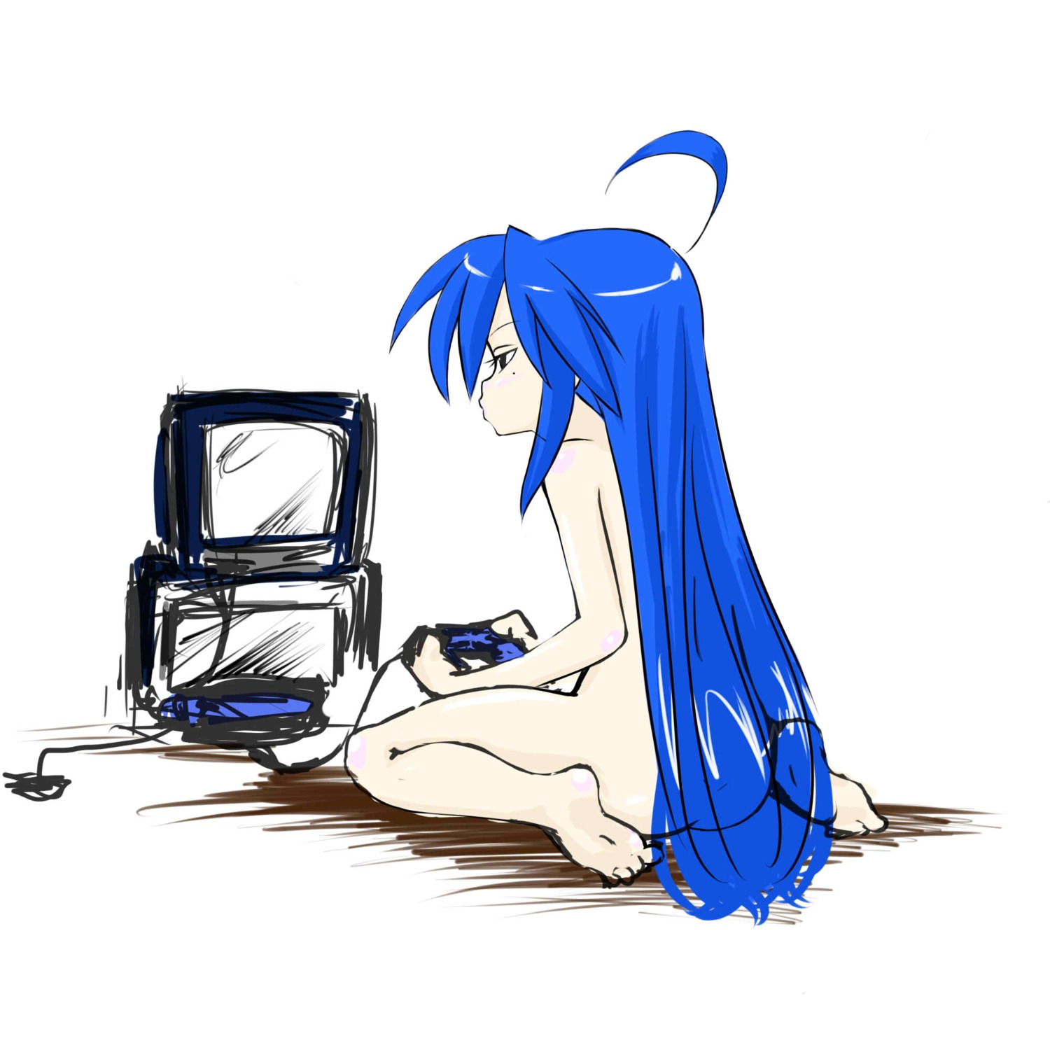1girls blue_hair casual completely_nude electronics female game_console game_controller human konata_izumi long_hair lucky_star nonsexual nonsexual_nudity nude nudist pale_skin rule34 solo squinting tagme television video_game_controller
