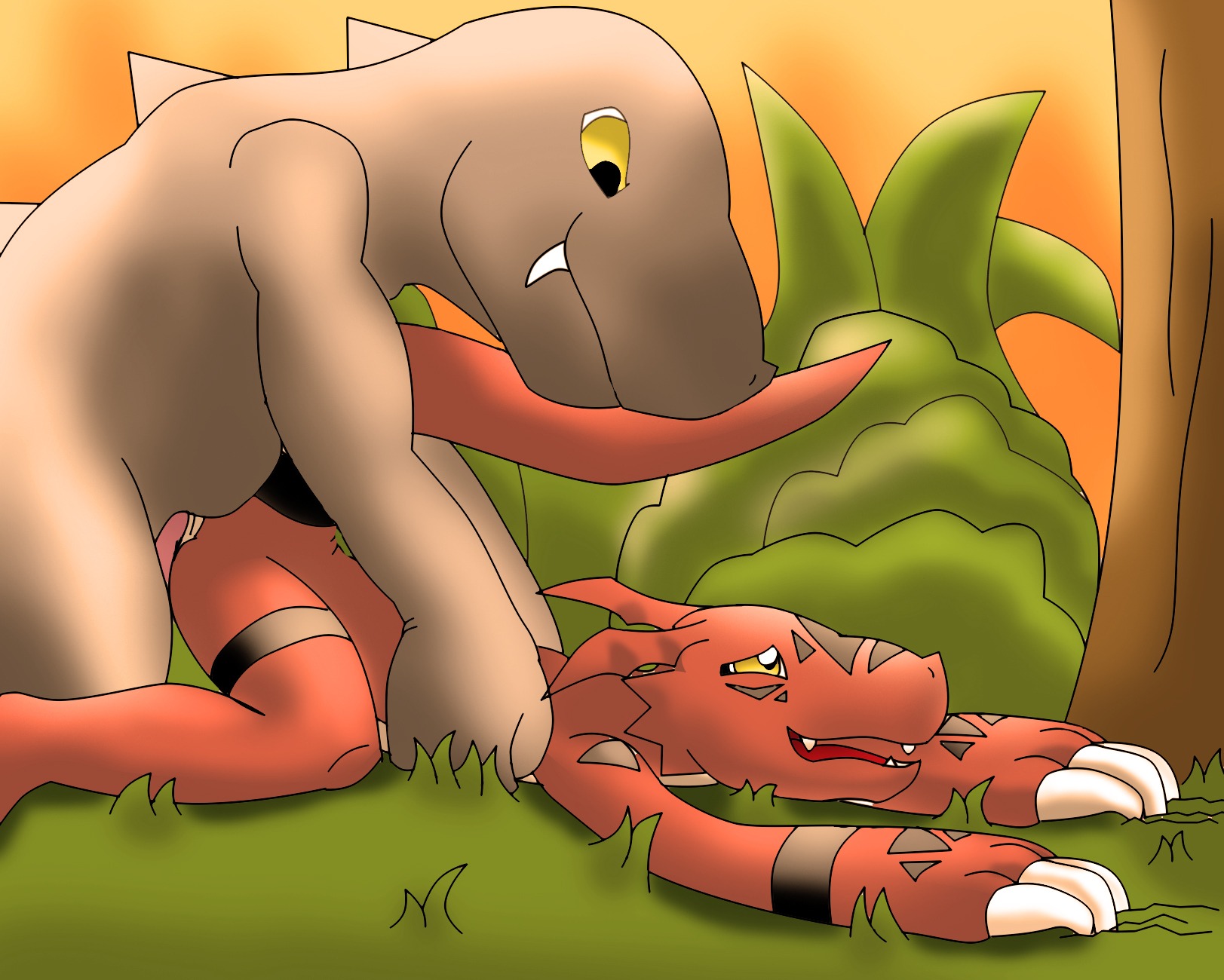 all_fours ambiguous_gender anal anal_penetration bandai_namco digimon digimon_(species) digital_media_(artwork) doggystyle dragon duo e621 fangs from_behind_position genitals grass guilmon hector21314 hi_res interspecies inverted_zero_unit lying male male/ambiguous markings mythological_creature mythological_scalie mythology nude on_front outside penetration penis plant reptile scalie sex symbol tail teeth yellow_eyes zero_unit