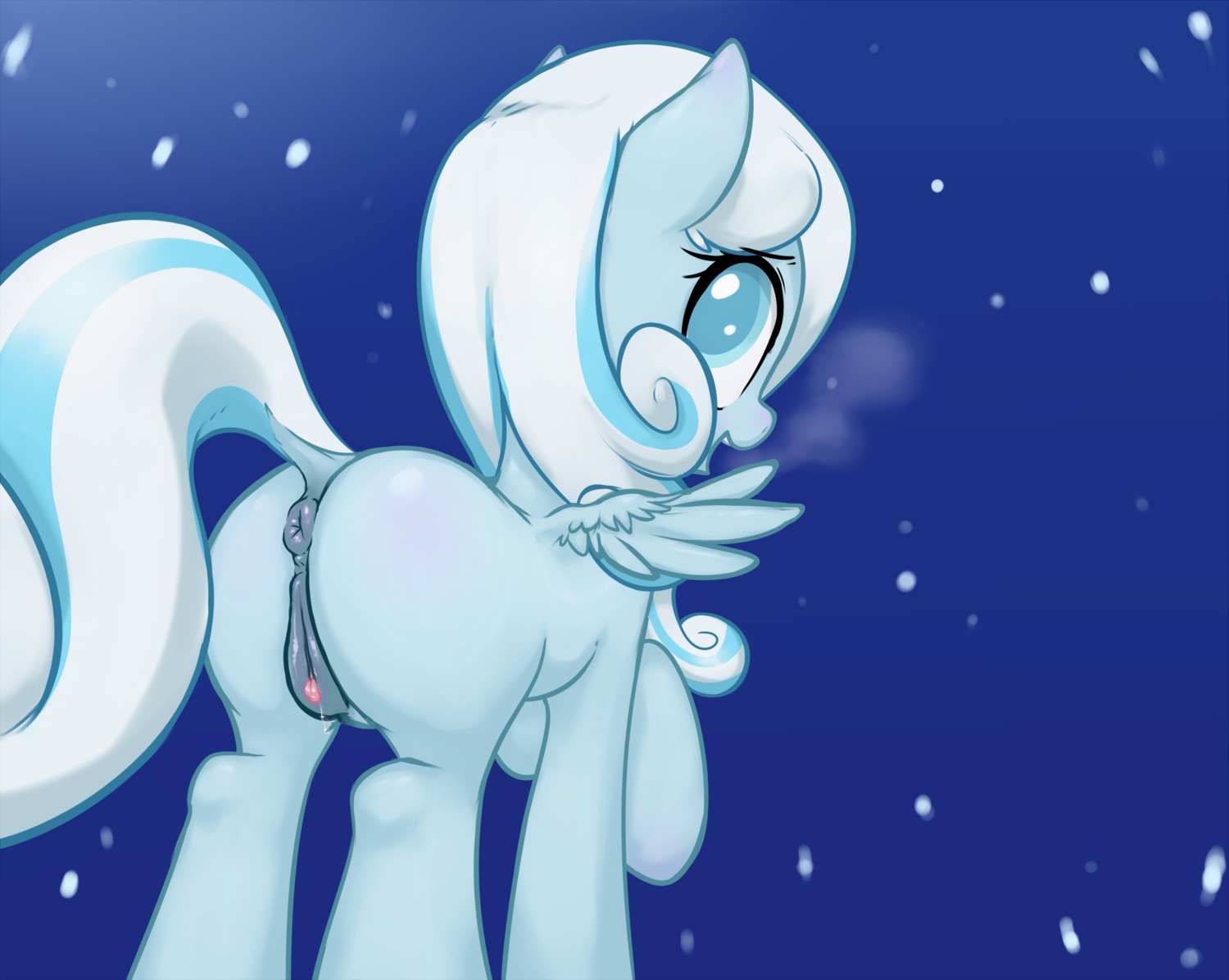 anatomically_correct anatomically_correct_genitalia anatomically_correct_vulva animal_genitalia animal_vulva anus blind blue_body blue_fur bodily_fluids butt clitoral_winking clitoris disability e621 equid equine equine_genitalia equine_vulva fan_character feathered_wings feathers female feral forst fur genital_fluids genitals hair hasbro hi_res mammal multicolored_hair my_little_pony mythological_creature mythological_equine mythology night open_mouth outside pegasus rear_view snowdrop_(character) solo two_tone_hair vaginal_fluids vulva wings young young_feral