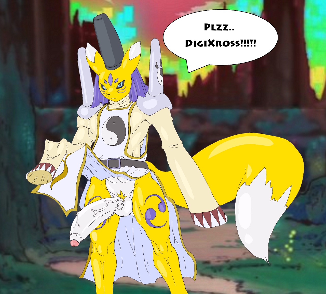anthro balls bandai_namco biped blue_eyes canid canine clothing dark-moltres digimon digimon_(species) digimorph e621 erection foreskin genitals humanoid_genitalia humanoid_penis male mammal partially_retracted_foreskin penis solo standing taomon text vein veiny_penis