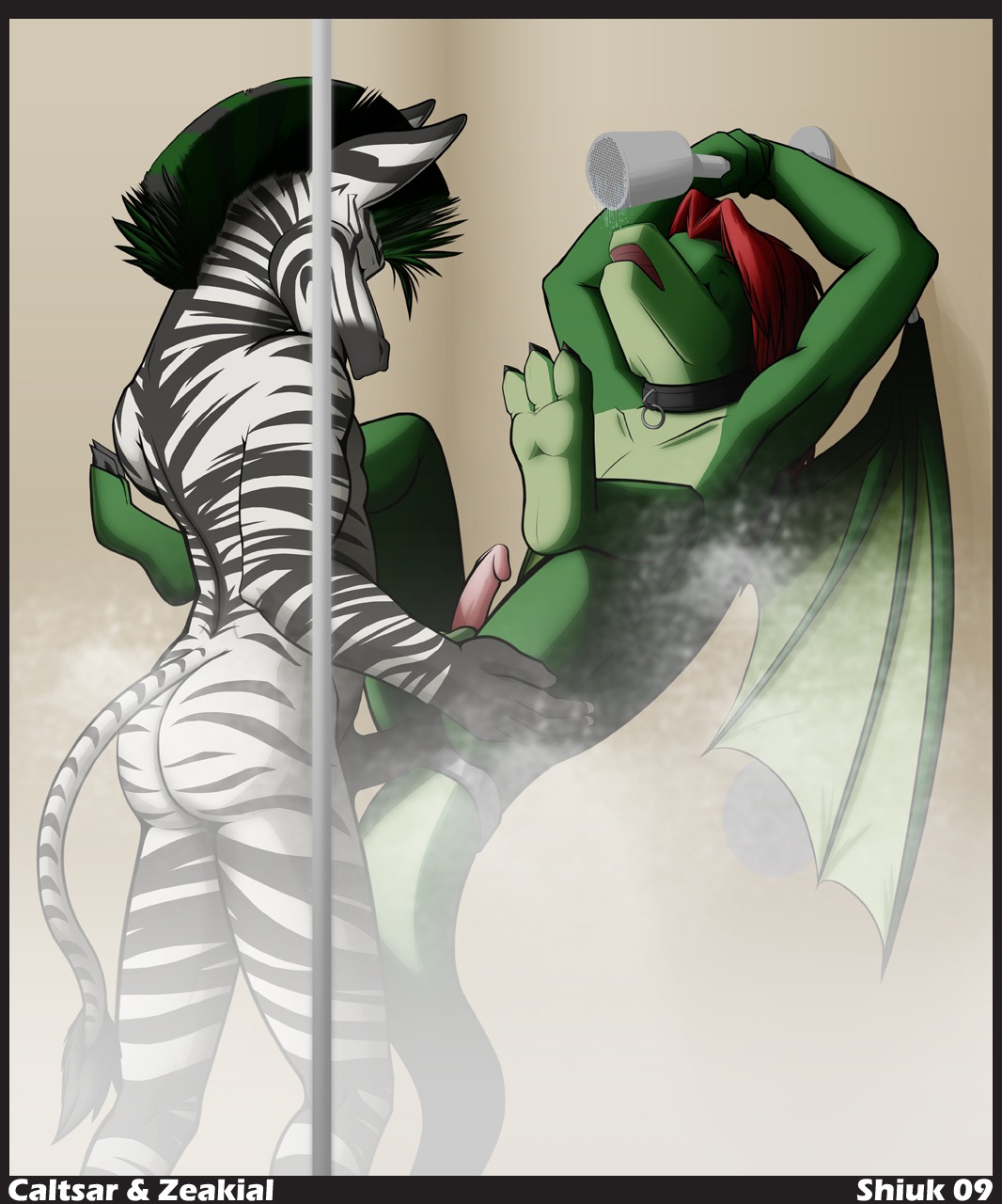 2009 3_toes anal anal_penetration anthro anthro_on_anthro butt caltsar carry_position claws collar dominant dragon duo e621 equid equine erection feet from_front_position genitals green_body green_scales hi_res hindpaw interspecies interspecies_domination male male/male male_penetrated male_penetrating male_penetrating_male mammal membrane_(anatomy) membranous_wings mythological_creature mythological_scalie mythology nude paws penetration penis scales scalie sex shiuk shower shower_head soles stripes tail toe_claws toes wings zebra