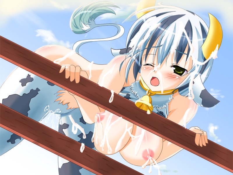 animal_ear bad_anatomy bad_pixiv_id bb blush breasts cow_accoutrements cow_girl cum cum_on_face female holstaurus holstaurus_(monster_girl_encyclopedia) horns large_breasts monster_girl_encyclopedia nipples rule34 tail what wink