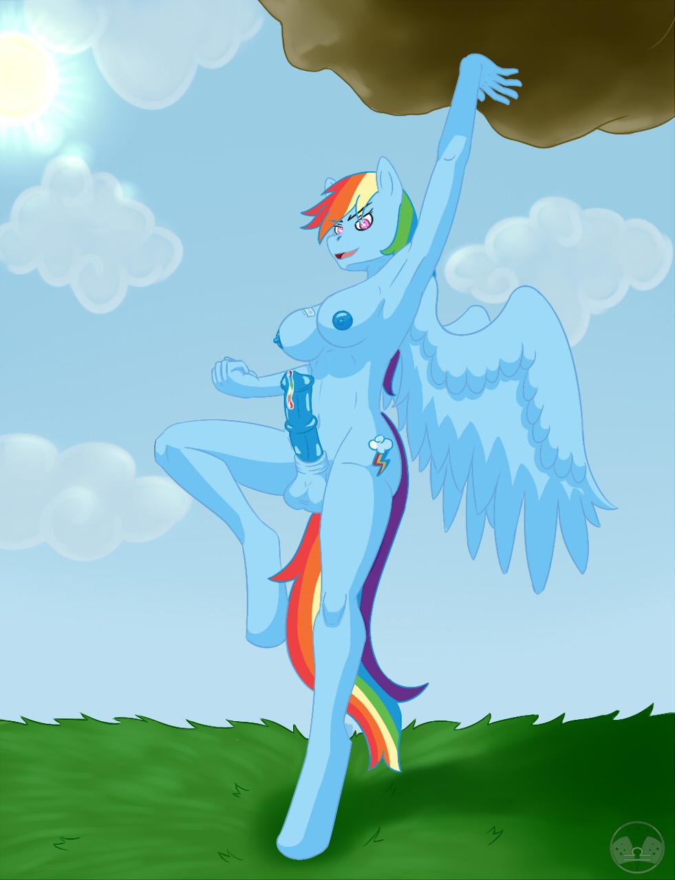2013 anthro anthrofied balls biped blue_body blue_feathers blue_fur bodily_fluids breasts cloud colored_cum cum cutie_mark digital_media_(artwork) e621 equid equine erection feathered_wings feathers friendship_is_magic fur genital_fluids genitals gynomorph hair hasbro hi_res intersex libra-11 lifting mammal multicolored_hair multicolored_tail muscular muscular_anthro muscular_gynomorph muscular_intersex my_little_pony mythological_creature mythological_equine mythology nipples nude on_one_leg outside pegasus penis precum purple_eyes rainbow_cum rainbow_dash_(mlp) rainbow_hair rainbow_tail raised_arm rock sky solo standing tail unusual_bodily_fluids unusual_cum unusual_genital_fluids wings