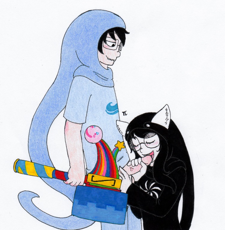 1boy 1girls black_hair blush breasts brother_and_sister closed_eyes clothing dog_ears fellatio female glasses god_tier_outfit hammer homestuck incest jade_harley john_egbert male ms_paint_adventures oral pandemoniumincarnate penis rule34 short_hair siblings small_breasts source_request straight white_background white_skin