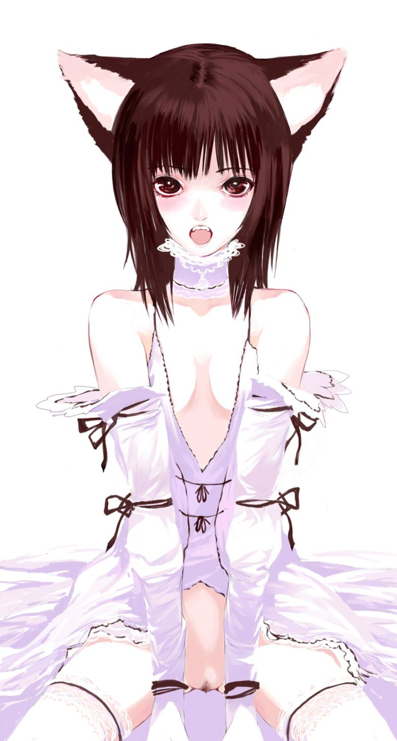 animal_ears blush brown_hair cat_ears dress female flat_chest highres legwear no_panties open_mouth original pubic_hair pussy rule34 short_hair spread_legs stockings thighhighs