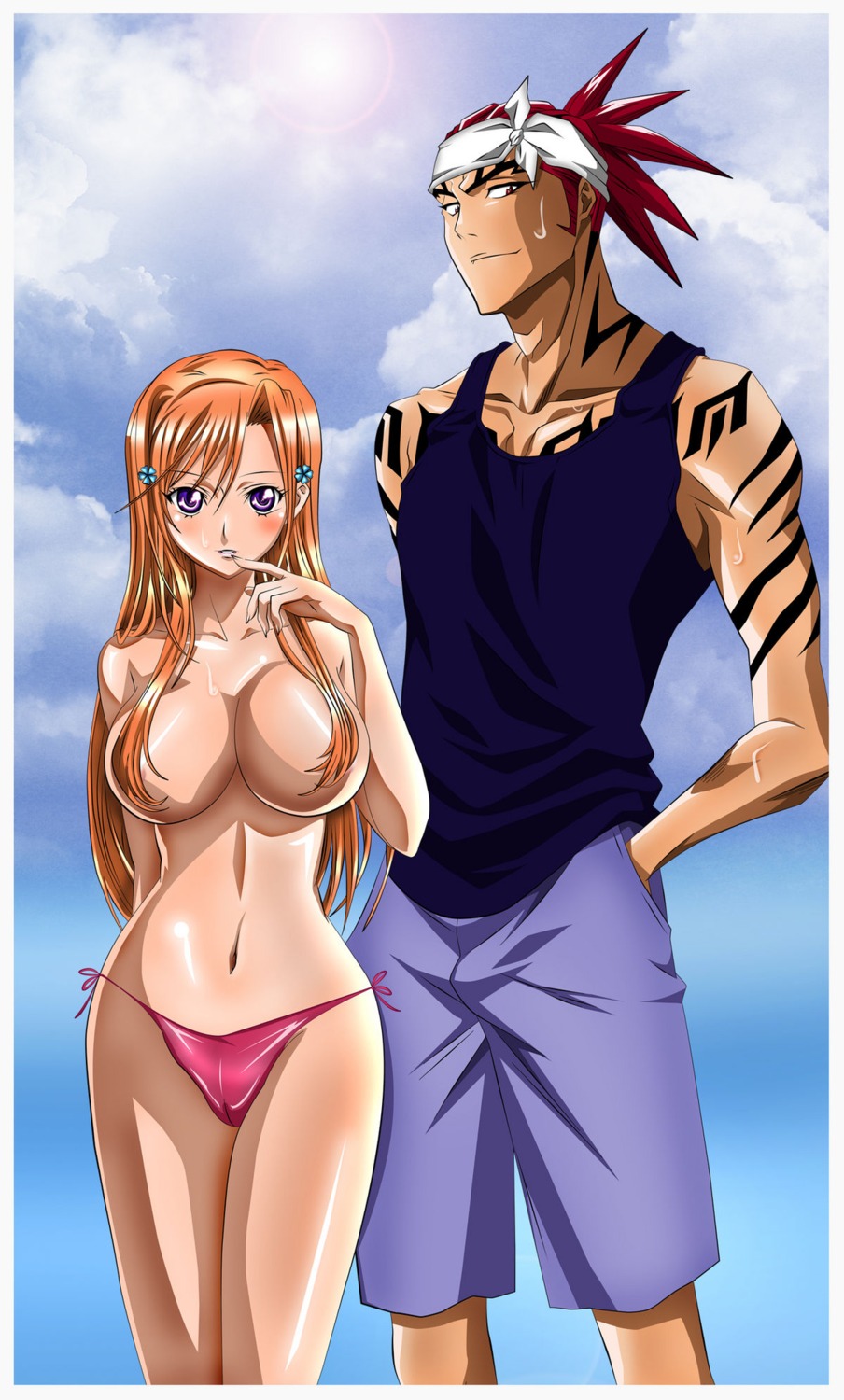 artist_request bikini_bottom bleach blush breasts cameltoe cleavage female highres inoue_orihime large_breasts lips pussy renji_abarai rule34