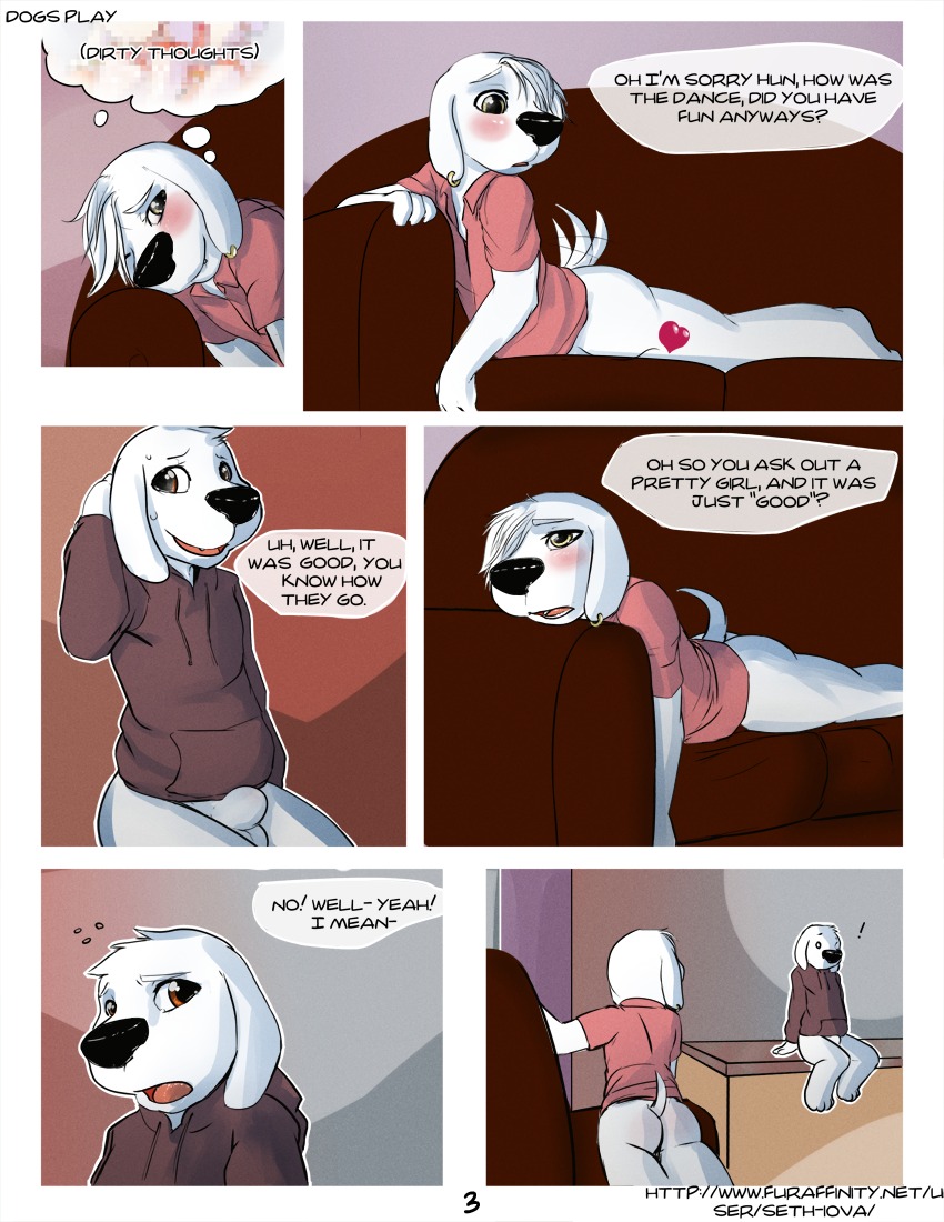 animal_genitalia anthro balls black_nose blush bottomless brian_griffin canid canine canis clothed clothing clothing_cord comic cousins_(lore) dialogue digital_media_(artwork) domestic_dog drawstring drawstring_topwear duo e621 ear_piercing english_text exclamation_point family_guy femboy fully_sheathed genitals heart_symbol hoodie jasper_(family_guy) male male/male mammal multiple_scenes piercing red_eyes seth-iova sheath shirt text topwear url yellow_eyes
