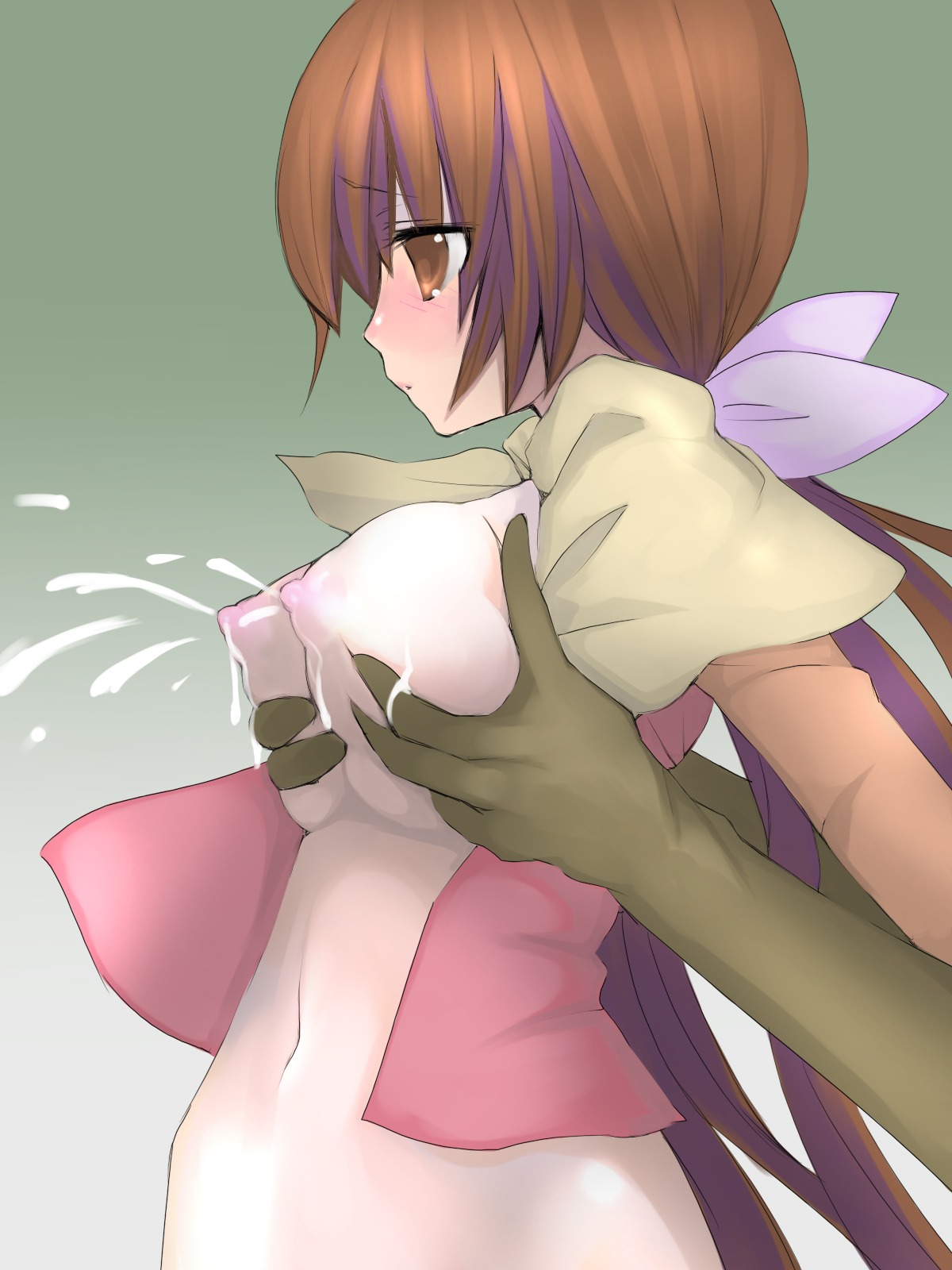 acolyte breast_grab breast_squeeze breasts brown_eyes brown_hair clothing female highres lactation long_hair medium_breasts ragnarok_online rule34 saibashi