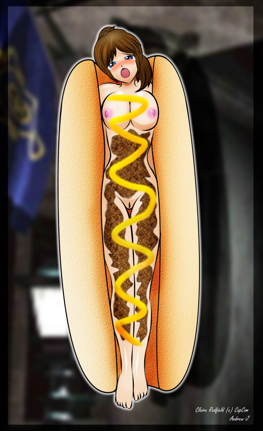 amourvorer chili claire_redfield female female_only hot_dog human imminent_cannibalism mustard resident_evil rule34 solo
