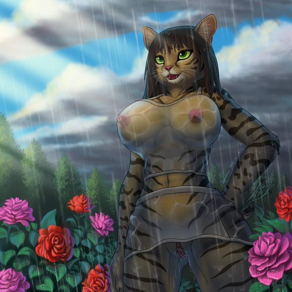 2012 anthro breasts clothing feline female fur furry hyhlion nude outside pussy rain rule34 shirt solo translucent wet wet_shirt