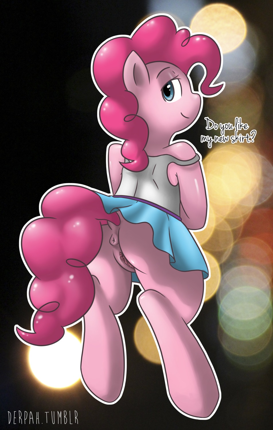 2013 abstract_background absurd_res anthro anthrofied anus barefoot bedroom_eyes biped blue_eyes bottomwear butt clothed clothing dialogue digital_media_(artwork) dress e621 earth_pony english_text equid equine featureless_feet feet female friendship_is_magic fur genitals hair half-closed_eyes hasbro hi_res horse lights looking_at_viewer mammal marblesoda my_little_pony narrowed_eyes no_underwear off_shoulder outline pink_body pink_fur pink_hair pinkie_pie_(mlp) pony puffy_anus rear_view seductive semi-anthro shirt skirt smile solo standing tank_top text topwear upskirt vulva