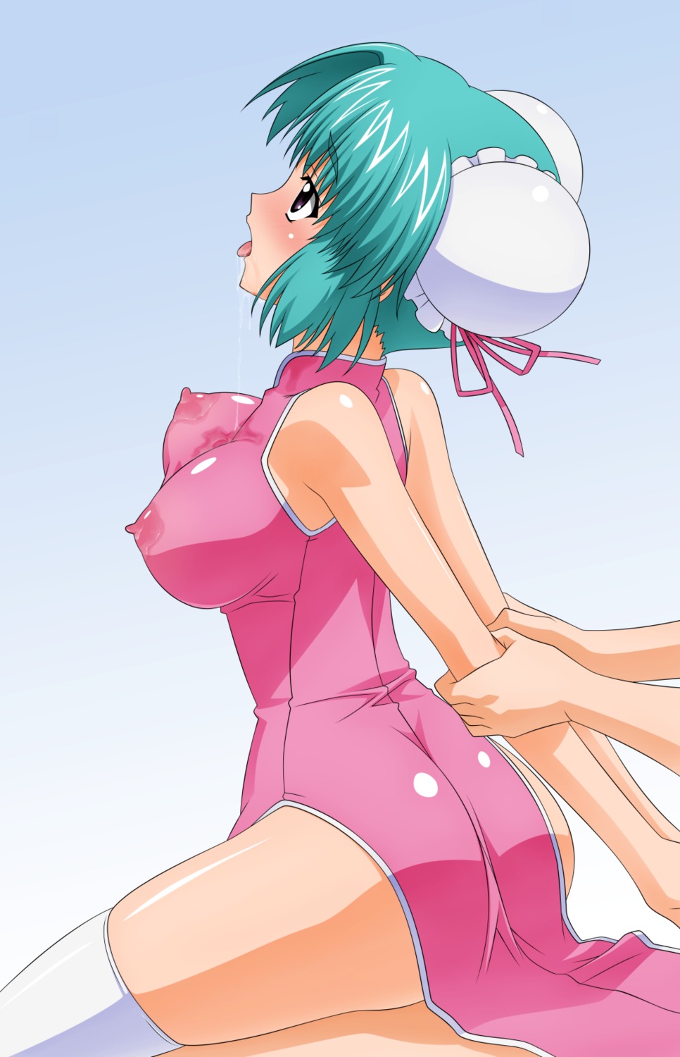 1boy 1girls blush breasts bun_cover canal_vorfeed censored character_request cowgirl_position double_bun female green_hair highres large_breasts light-skinned_female light-skinned_male light_skin lost_universe male rule34 source_request sugimura_tomokazu