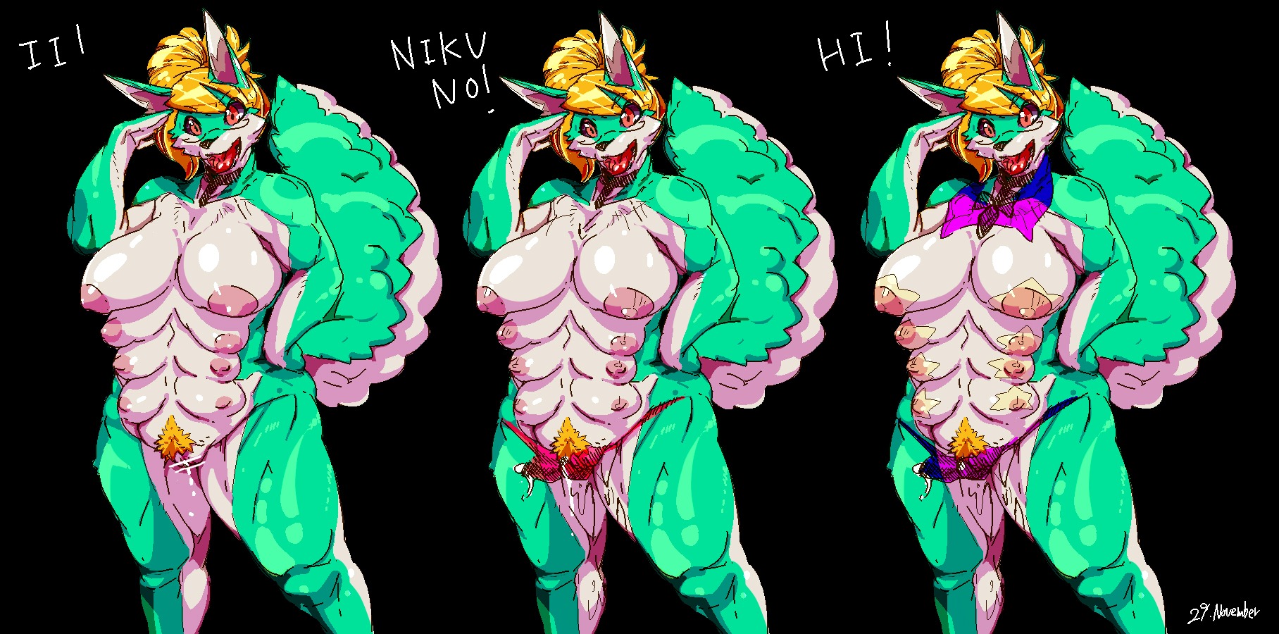 2_penises 8_breasts animal_genitalia animal_penis anthro blonde_hair bodily_fluids breasts cum e621 english_text female genital_fluids genitals gynomorph hair hebiko hemipenes hi_res intersex long_hair multi_breast multi_genitalia multi_penis multiple_images nipples open_mouth penis sackless sasamix solo supernumerary_breasts tail text vulva