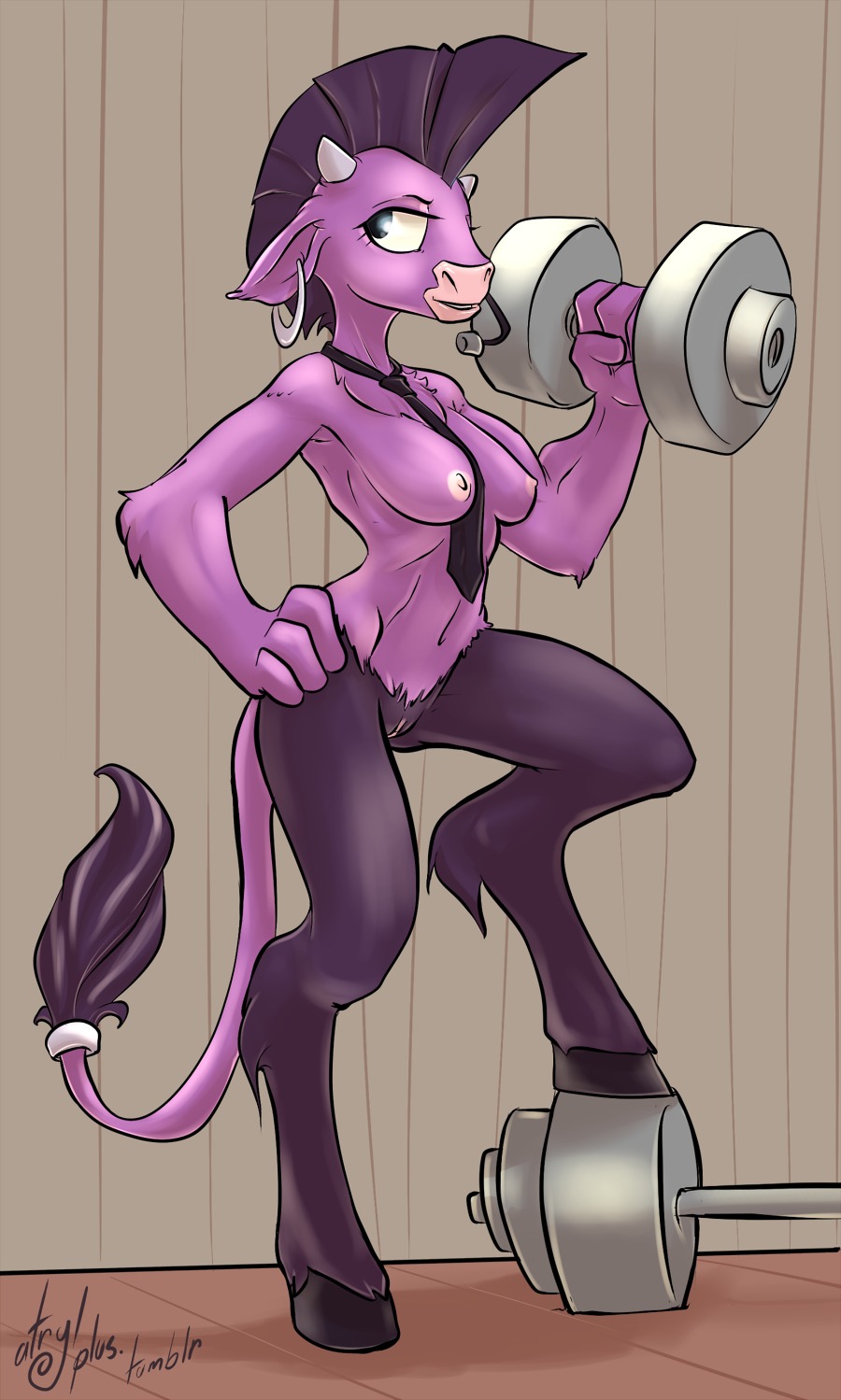 2012 accessory anthro anthrofied atryl bovid bovine breasts crossgender digital_media_(artwork) e621 ear_piercing european_mythology exercise female friendship_is_magic fur genitals greek_mythology hair hasbro hi_res holding_object hooves iron_will_(mlp) mammal minotaur mohawk mtf_crossgender muscular muscular_anthro muscular_female my_little_pony mythology necktie nipples nude piercing purple_body purple_fur purple_hair solo tail tail_tuft tuft vulva weightlifting weights workout