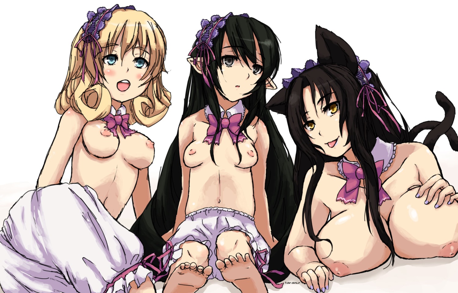 3girls animal_ears big_breasts black_hair blonde_hair bloomers blue_eyes breasts cat_girl catgirl female grey_eyes hand_on_breast high_school_dxd kuroka_(high_school_dxd) le_fay_pendragon matching_outfit matching_underwear multiple_females multiple_girls nekomata nipples open_mouth ophis_(high_school_dxd) partially_clothed pointy_ears ribbon rule34 sitting small_breasts tagme tail taramo tongue tongue_out topless topless_female yellow_eyes