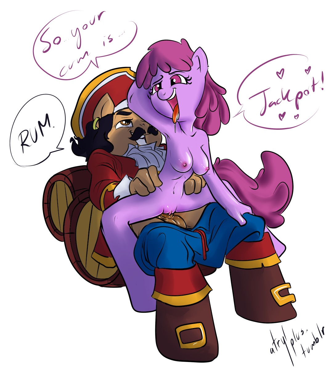 2012 alcohol anthro anthrofied atryl balls barrel berry_punch_(mlp) beverage big_breasts black_hair bodily_fluids boots bottomwear bottomwear_down breasts brown_body brown_eyes brown_fur buckle captain_morgan clitoris clothed clothing diageo dialogue digital_media_(artwork) drooling duo e621 ear_piercing earth_pony english_text equid equine facial_hair female female_on_top female_penetrated food footwear friendship_is_magic fur genitals hair hasbro hat headgear headwear heart_symbol hi_res hip_grab horse jewelry male male/female male_on_bottom male_penetrating male_penetrating_female mammal mustache my_little_pony nipples nude on_bottom on_top pants pants_down partially_clothed penetration penile penile_penetration penis penis_in_vagina piercing pirate pirate_hat pony ponytail purple_body purple_eyes purple_fur purple_hair reverse_cowgirl_position saliva sex shirt shoes simple_background tail text tongue tongue_out topwear vaginal vaginal_penetration vulva white_background
