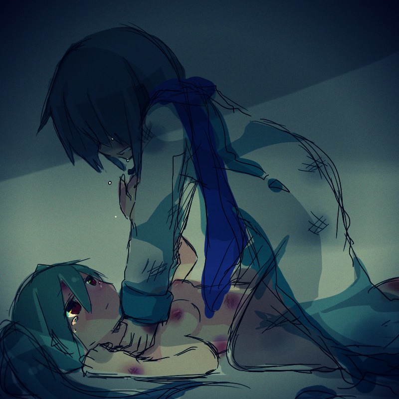 1boy 1girl aqua_hair asphyxiation beige_skin blue_hair blue_scarf breasts bruise bruises clenched_teeth closed_mouth color crying dark female green_hair hatsune_miku hetero imminent_death imminent_rape injury kaito kaito_(vocaloid) kneeling long_hair lying male medium_breasts nipples nude on_back red_eyes rule34 scarf short_hair simple_background small_breasts straight strangling tears twintails vocaloid white_background