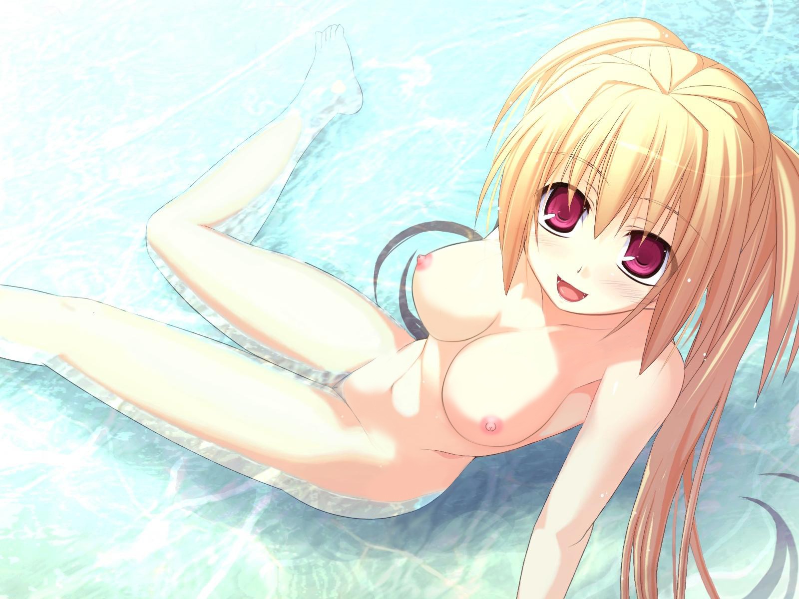bamboo_blade blonde_hair breasts chiba_kirino female highres ninozen nipples nude open_mouth pussy red_eyes rule34 uncensored water