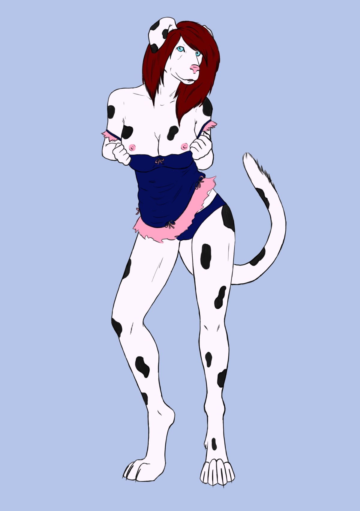 absurd_res anthro biped black_body black_fur black_spots blue_eyes breasts canid canine canis dalmatian dealia_devilbliss digitigrade domestic_dog e621 female flashing fur hair hi_res long_hair looking_at_viewer mammal markings nipples octopoppy red_hair simple_background solo spots spotted_body spotted_fur standing white_body white_fur