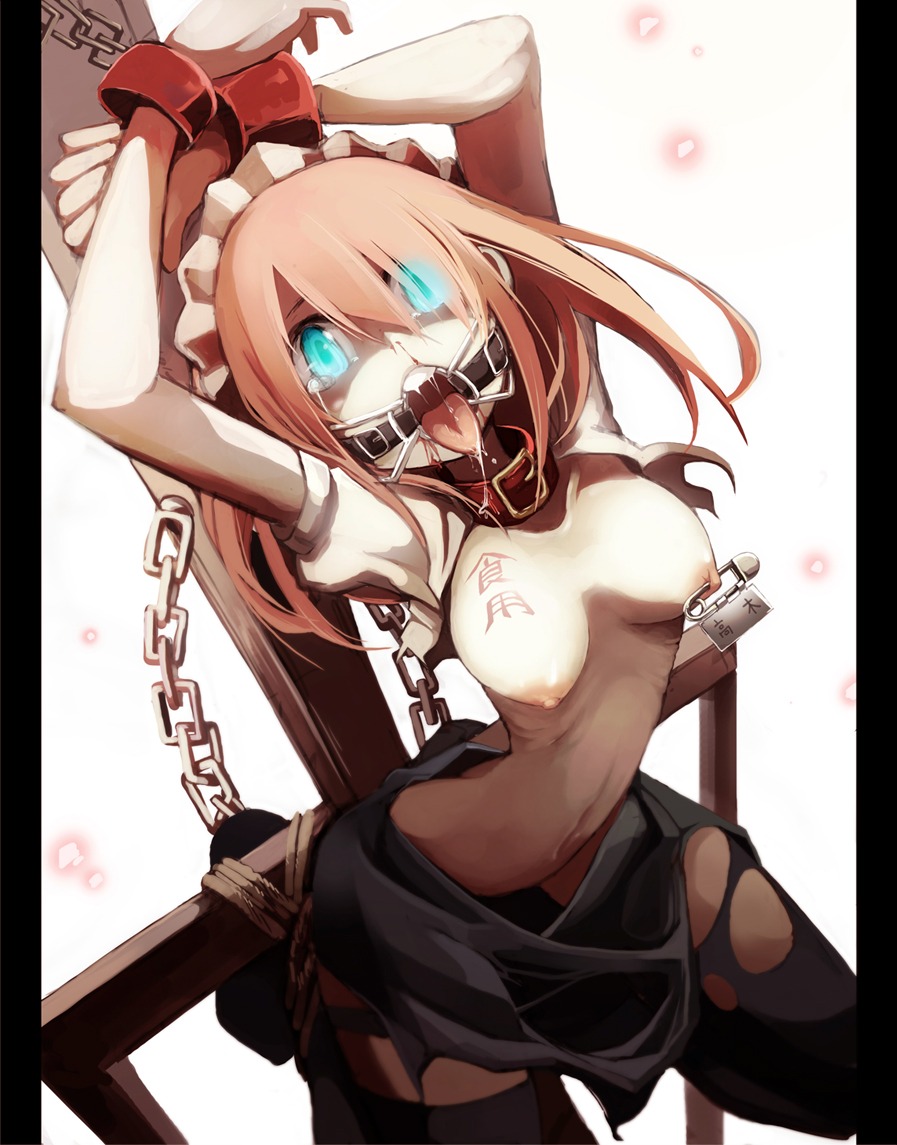 1girls aqua_eyes arched_back arms_above_head arms_up blood body_writing bondage breasts chains collar color crying drooling female gag maid_headdress name_tag nipple_piercing nipple_tag nipples nosebleed open_mouth_gag original pantyhose partially_translated pierced_nipples piercing pink_hair ring_gag rope rule34 saliva scared short_hair skinny skinny_female solo spider_gag takagi_(tansuke) tansuke tear tears text tongue torn_clothes torn_pantyhose translation_request