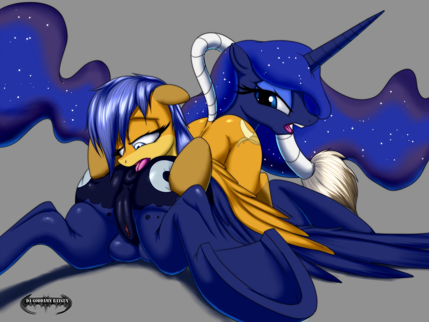 2013 4:3 anal anus big_butt blue_body blue_eyes blue_feathers blue_fur blue_hair butt cutie_mark da_goddamn_batguy duo e621 equid equine eyeshadow fan_character feathered_wings feathers female female/female feral friendship_is_magic fur genitals grey_background hair half-closed_eyes hasbro hi_res hooves horn licking long_hair looking_back lying makeup mammal my_little_pony mythological_creature mythological_equine mythology narrowed_eyes on_front open_mouth oral pegasus princess_luna_(mlp) rimming sex simple_background sparkles sparkling_hair spread_legs spreading tail tail_wraps teats tongue tongue_out unicorn vulva winged_unicorn wings wraps yellow_body yellow_feathers yellow_fur