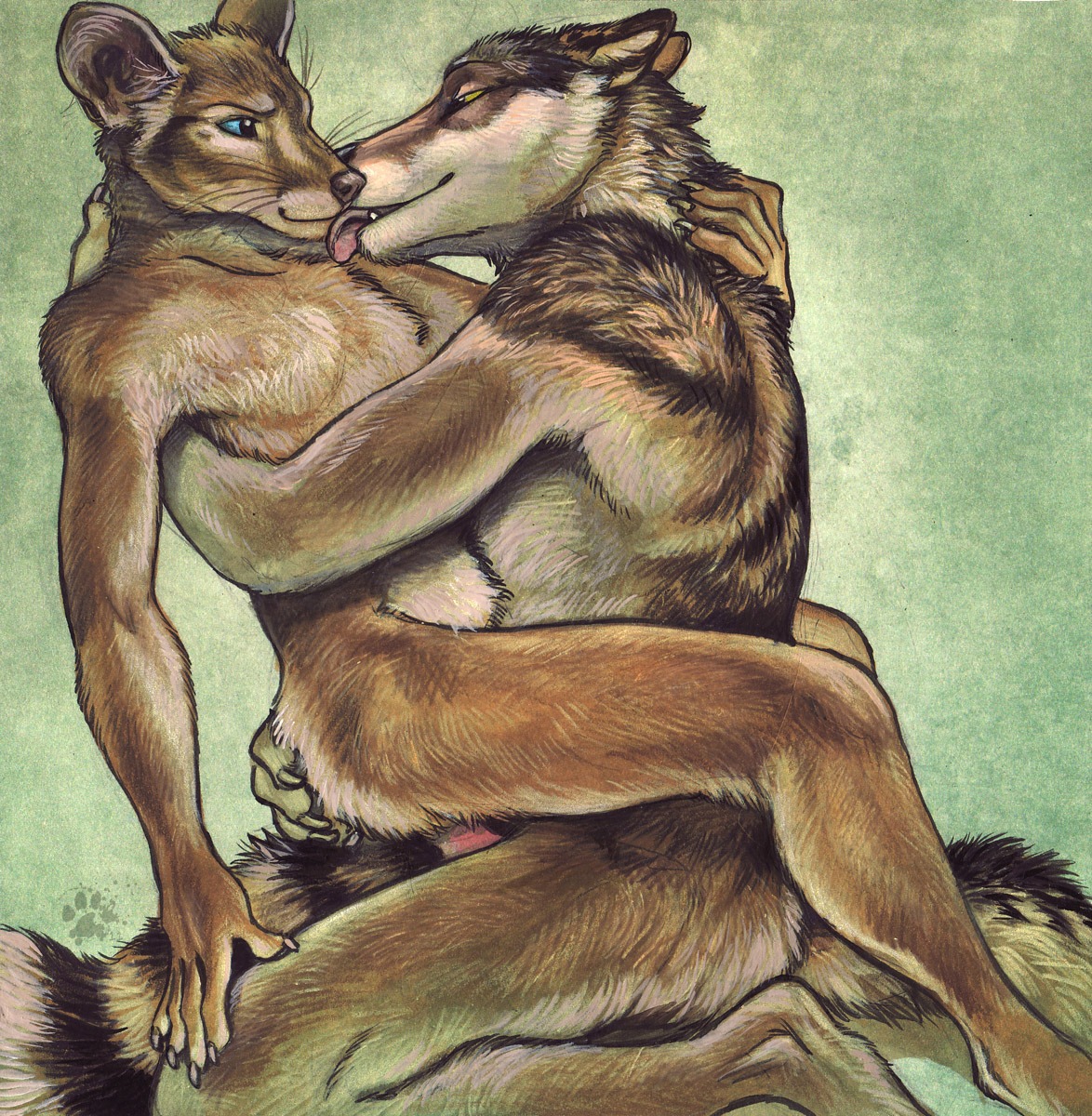 2011 anal anal_penetration animal_genitalia animal_penis anthro blotch blue_eyes canid canine canine_genitalia canine_penis canis duo e621 erection fur genet genitals hi_res hug kissing licking male male/male male_penetrated male_penetrating male_penetrating_male mammal nude penetration penis romantic romantic_couple scratches_volume_5 sex tail tasteful tongue tongue_out traditional_media_(artwork) viverrid whiskers wolf
