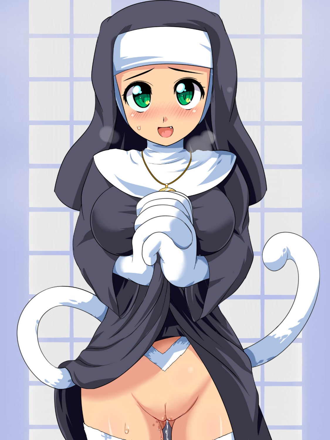 3:4 animal_humanoid bodily_fluids bottomless capcom clothed clothing cum darkstalkers e621 felicia_(darkstalkers) female genital_fluids genitals habit hi_res humanoid konpeto nun solo tail vulva