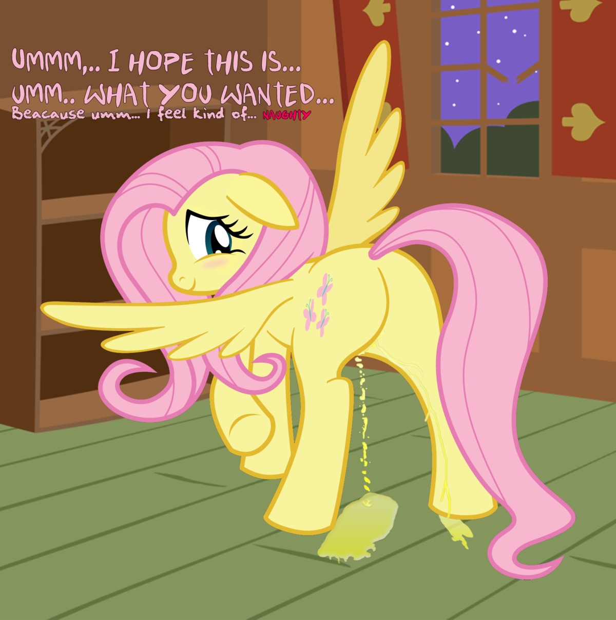2012 blue_eyes blush bodily_fluids cutie_mark e621 english_text equid equine feathered_wings feathers female female_peeing feral fluttershy_(mlp) friendship_is_magic genital_fluids hair hasbro hi_res mammal my_little_pony mythological_creature mythological_equine mythology peeing pegasus pink_hair quadruped solo tail text unknown_artist urine urine_stream watersports wings yellow_body yellow_feathers
