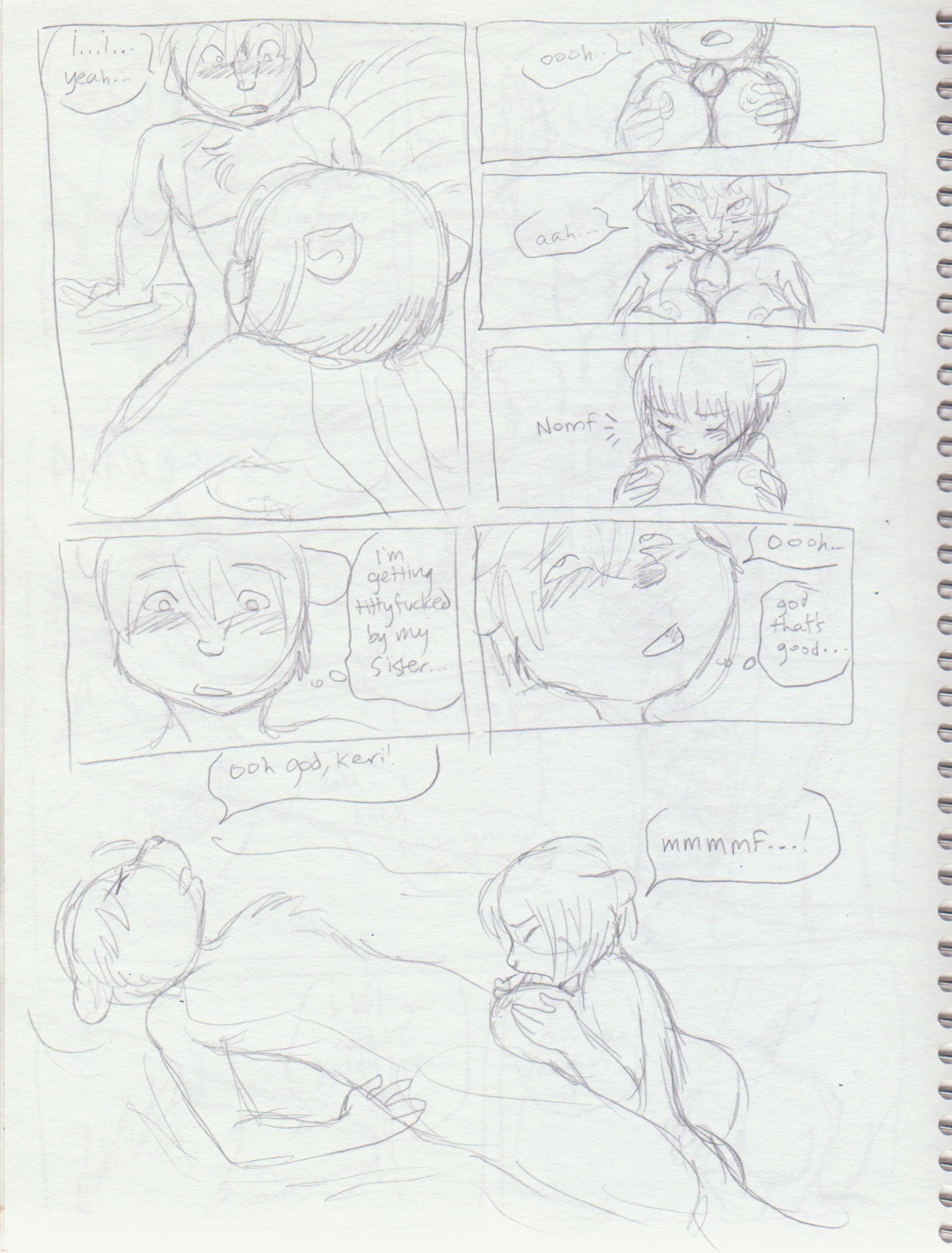 all_fours anthro black_and_white blockage_(layout) blush bodily_fluids breast_play breasts brother_(lore) brother_and_sister_(lore) comic content_repetition devon_(nikora_angeli) dialogue duo e621 english_text erection eyes_closed fellatio female female_penetrated genitals hair handjob hi_res horizontal_blockage horizontal_staggering incest_(lore) inner_monologue intraspecies keri_(nikora_angeli) lying male male/female male_penetrating male_penetrating_female mammal mephitid monochrome nikora_angeli nipples on_back oral oral_penetration penetration penile penis raised_tail seven_frame_image sex short_hair sibling_(lore) sister_(lore) sketch skunk speech_bubble staggering_(layout) stated_incest stuttering sweat tail text thinking thought_bubble titfuck twincest_(lore) twins_(lore) vertical_blockage
