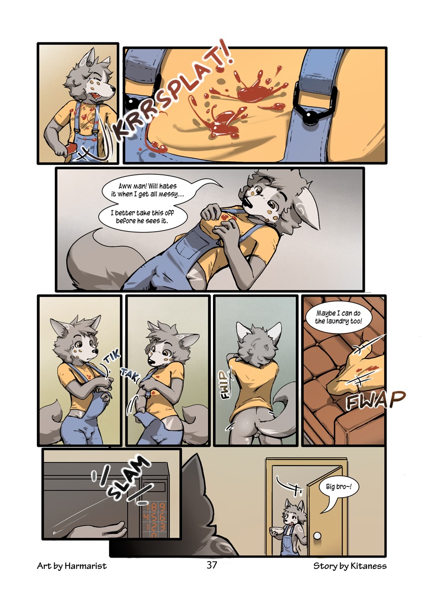 adolescent age_difference alex_(harmarist) anthro appliance backsack balls bottomless bottomless_anthro bottomless_male bowl brother_(lore) brothers_(lore) bulge butt canid canine canis child clothed clothed_anthro clothed_male clothing comic container detailed_bulge dialogue duo e621 english_text fangs fully_clothed fully_clothed_anthro fully_clothed_male fur genitals harmarist hi_res kitchen kitchen_appliance looking_at_another looking_at_relative looking_at_sibling male male/male mammal microwave_oven multiple_scenes number older_brother older_male older_sibling open_mouth open_smile overalls page_number sauce sheath_and_knife shirt sibling_(lore) size_difference smile solo_focus tail teeth text topless topless_anthro topless_male topwear undressing will_(harmarist) wolf young young_anthro