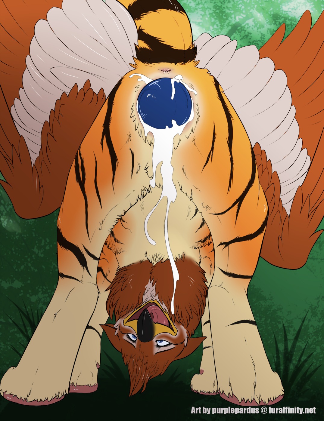 all_fours anus avian beak blue_eyes bodily_fluids cum cum_drip cum_in_vagina cum_inside dripping e621 egg feathered_wings feathers female feral genital_fluids genitals gryphon hi_res looking_at_viewer looking_back mythological_avian mythological_creature mythology namugriff open_mouth orgasm oviposition presenting presenting_vulva purplepardus solo tail text tongue url vulva wings