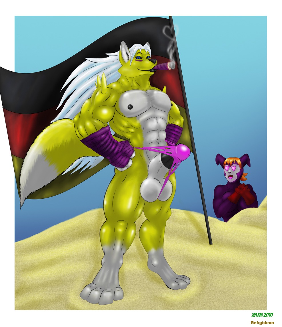 anthro canine clothes color demon digimon digimon_(species) female fox fur furry gloves heart imp impmon male male_focus mammal muscles outdoors renamon rule34 standing tagme topless xylem