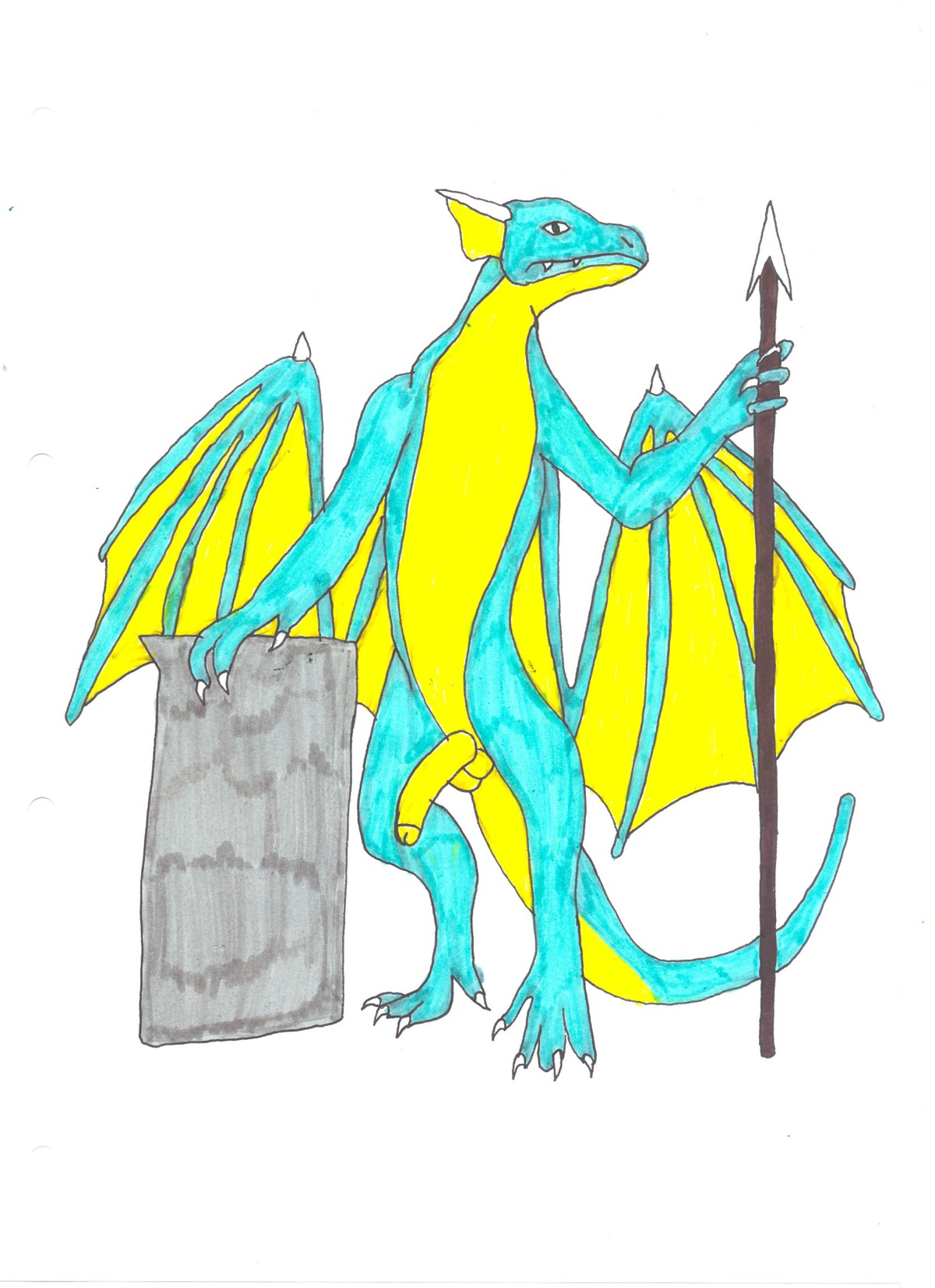 anthro balls biped chris-sowden claws dragon e621 genitals half-erect hi_res holding_object holding_weapon looking_at_viewer male melee_weapon membrane_(anatomy) membranous_wings mythological_creature mythological_scalie mythology non-mammal_balls penis polearm scalie solo spear standing tail teeth traditional_media_(artwork) weapon wings