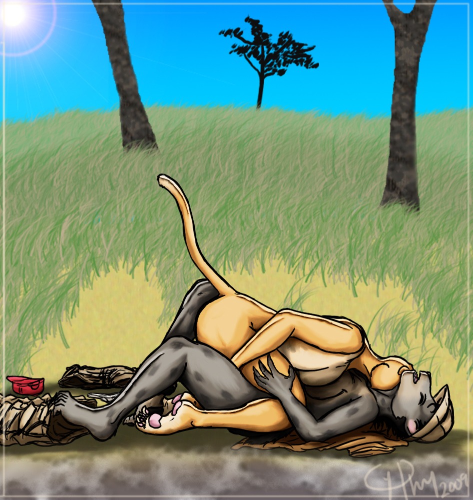 2009 africa amara_burrger anthro black_body black_fur black_hair blonde_hair breasts clothing duo e621 felid female female/female fernin fur hair human hyena lion mammal nude orange_body orange_fur pantherine spotted_hyena tail transformation water