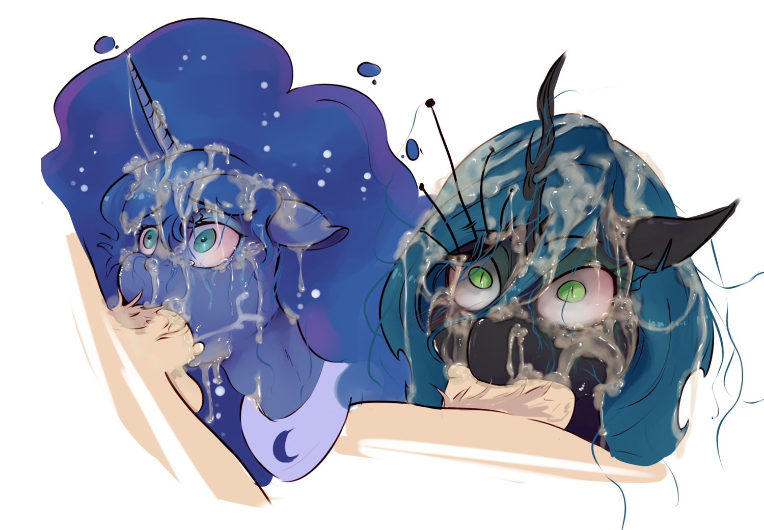 2014 arthropod balls blue_body blue_fur blue_hair blush bodily_fluids changeling_(mlp) cum cum_in_hair cum_on_face deep_throat e621 equid equine erection eyelashes fellatio female feral friendship_is_magic fur genital_fluids genitals group hair hasbro hi_res horn long_hair makeup male male/female mammal my_little_pony mythological_creature mythological_equine mythology oral oral_penetration penetration penile penis princess_luna_(mlp) pupils queen_chrysalis_(mlp) running_makeup sex slit_pupils sundown_(artist) teal_eyes unicorn