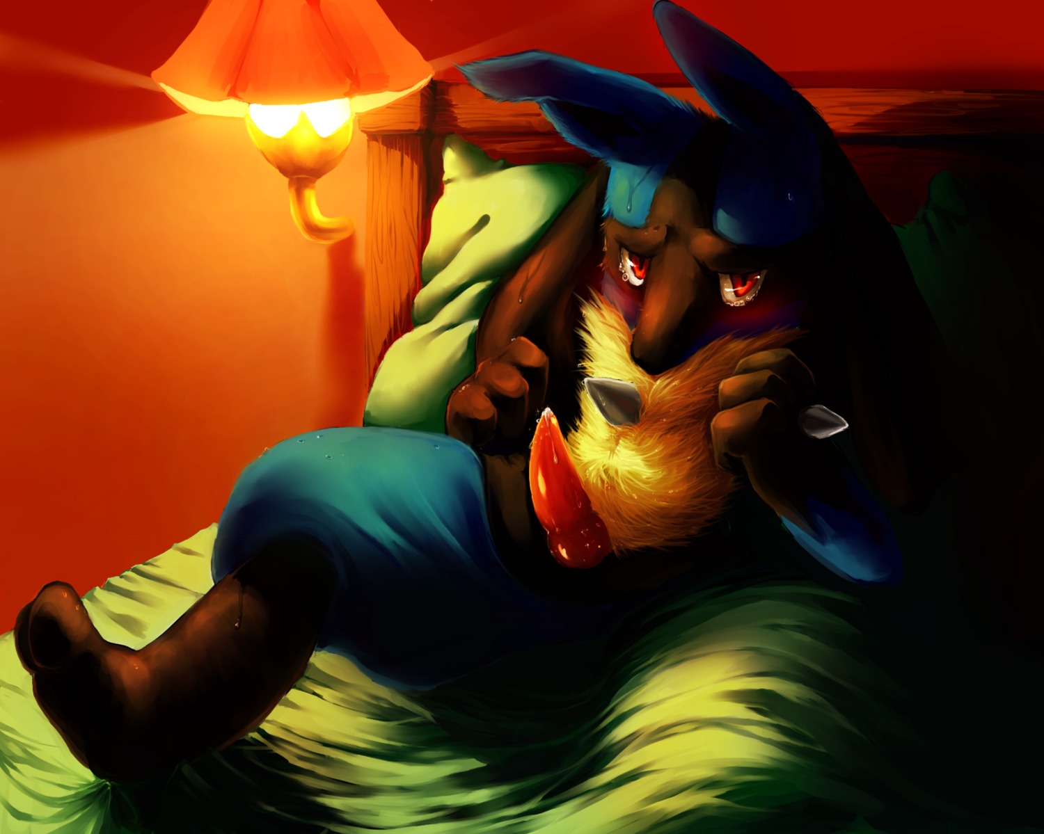 3_fingers anthro bed bedroom biped black_body black_fur blue_body blue_fur blush bodily_fluids canid canine crying cum cum_on_penis dragonichigo e621 erection feet fingers fur furniture generation_4_pokemon genital_fluids genitals glistening hi_res inside knot lamp light looking_at_viewer lucario male mammal nintendo nude on_bed orgasm penis pillow pokemon pokemon_(species) precum raised_arm red_eyes red_penis shadow sitting solo spikes sweat tears yellow_body yellow_fur