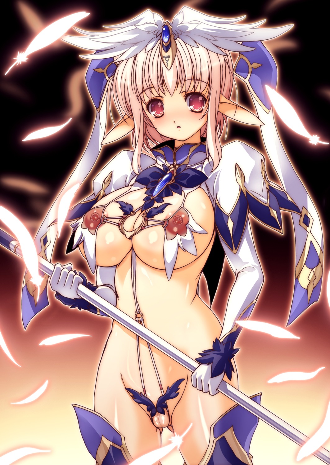 blonde_hair breasts clitoris cute destiny_(ishida) elf feathers female gloves headdress highres huge_breasts ishida_hiroyuki kami_hoshi_ki_nin navel nipples original pink_hair pointy_ears pussy red_eyes revealing_clothes rod rule34 see-through short_hair staff uncensored