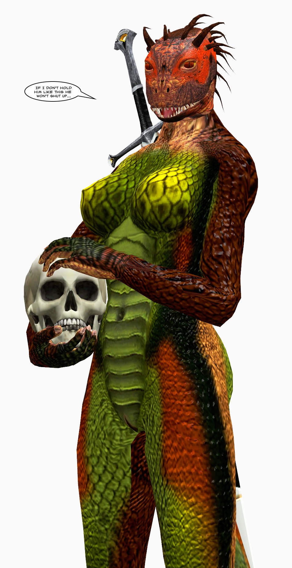 3d_(artwork) anthro argonian belly bethesda_game_studios biped black_body black_scales bone breasts brown_body brown_scales dialogue digital_media_(artwork) e621 english_text featureless_breasts female garry's_mod genitals green_belly green_body green_scales green_vulva hi_res holding_object humanoid_hands looking_at_viewer melee_weapon microsoft multicolored_body multicolored_scales navel non-mammal_breasts nude oblivion open_mouth pink_tongue pupils red_body red_eyes red_scales reptile savira scales scalie sharp_teeth simple_background skull slim slit_pupils solo standing sword teeth text the_elder_scrolls tongue turtle-head vulva weapon white_background