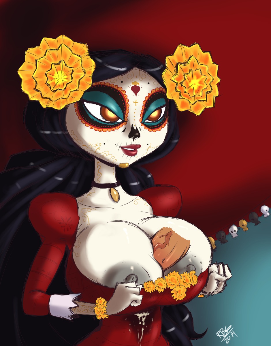 2014 big_breasts big_nipples bodily_fluids breast_play breasts cum disembodied_penis duo e621 erection female female_focus flower genital_fluids genitals hair happy hi_res humanoid la_muerte male male/female messy narrowed_eyes nipples not_furry orgasm penis plant randomboobguy sex smile solo_focus squint standing the_book_of_life titfuck unknown_species vein veiny_penis
