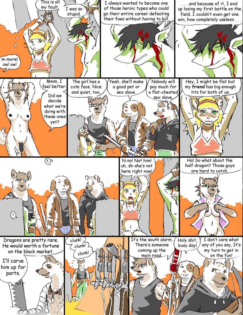 animal_genitalia anthro black_penis black_pseudo-penis blood bodily_fluids bound breasts canid canine canis comic crossbow cum cum_on_leg dialogue domestic_cat domestic_dog dragon dranz_(reiger) e621 english_text felid feline felis female femboy flaccid gender_confusion genital_fluids genitals glaive group hyena maeda_(reiger) male mammal melee_weapon mythological_creature mythological_scalie mythology nipples penis polearm pseudo-penis ranged_weapon reiger scalie spotted_hyena tail tent text trans_(lore) trans_woman_(lore) weapon
