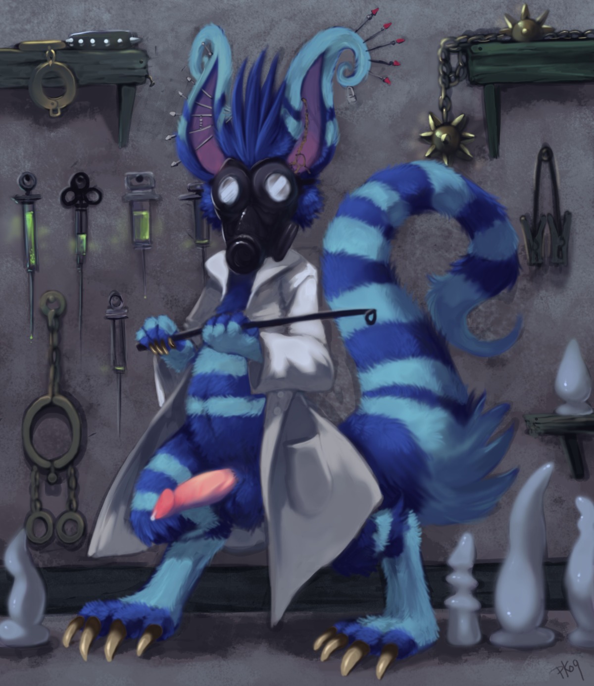 1boy 2009 balls blue creepy crux dildo drugs fuzzy_toxx gas_mask high_resolution looking_at_viewer male male_only needle nightmare_fuel penis piercing purplekecleon riding_crop rule34 sex_toy solo whip