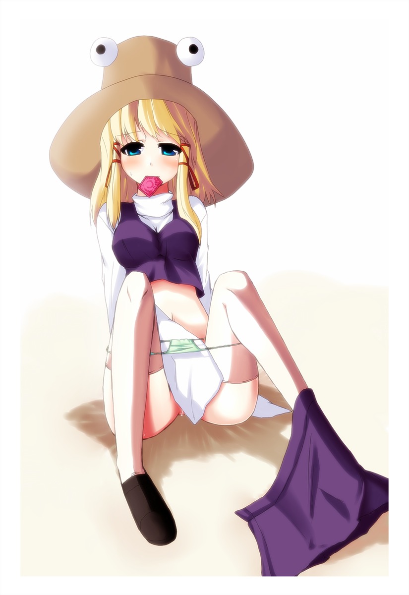 blonde_hair blue_eyes condom condom_in_mouth eyes female hat highres masturbation mouth_hold oyaji-sou panties pussy pussy_juice pyonta rule34 short_hair solo suwako_moriya thighhighs touhou underwear