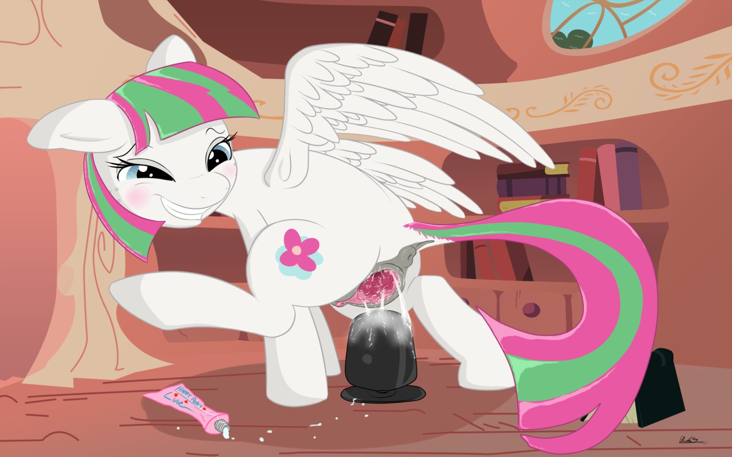 anus bloss blossomforth_(mlp) blue_eyes clitoris dildo e621 equid equine feathered_wings feathers female feral freckles friendship_is_magic fur gaping gaping_vagina genitals hair hasbro hi_res lube mammal multicolored_hair my_little_pony mythological_creature mythological_equine mythology pegasus pink_body pink_feathers sex_toy solo two_tone_hair urethra vulva white_body white_fur wings