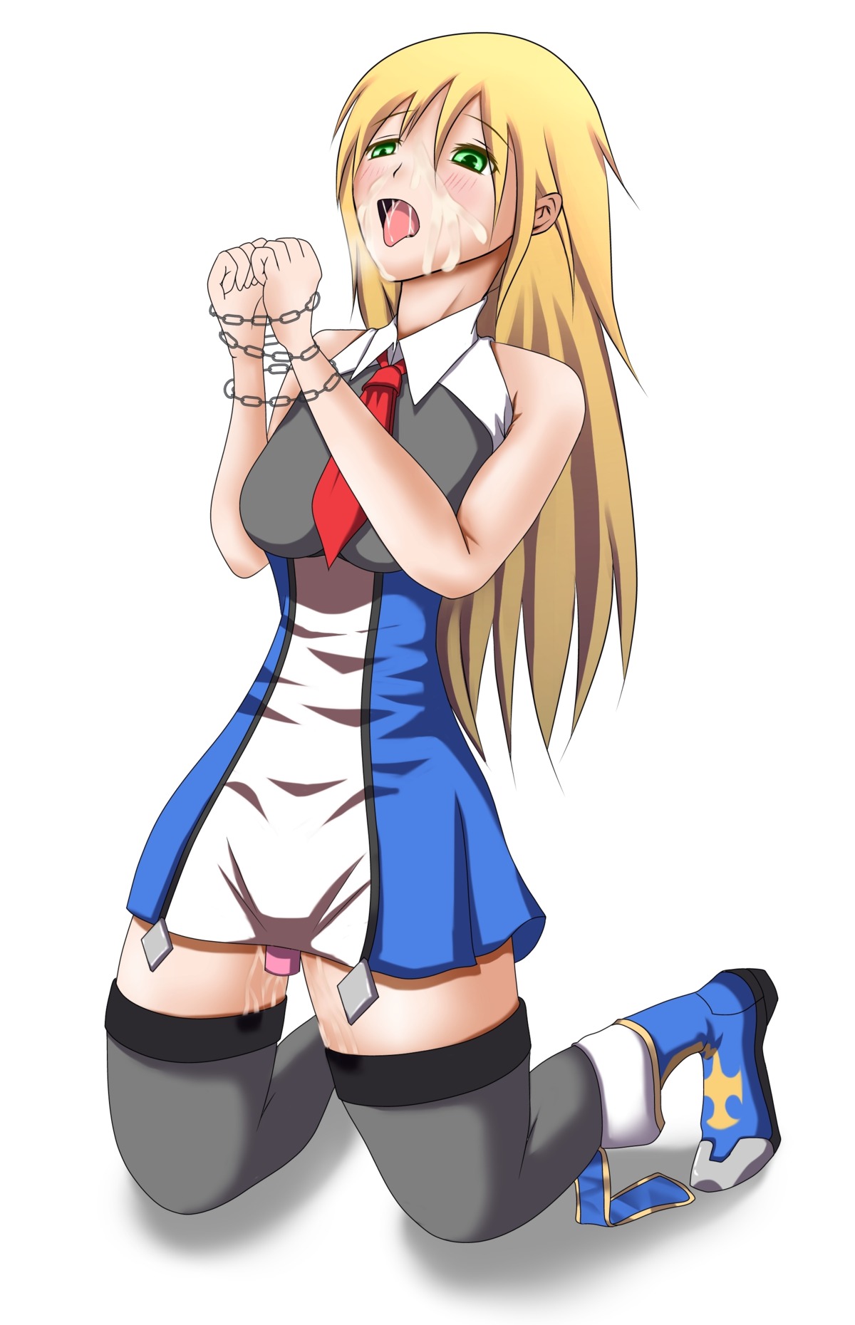 bare_shoulders blazblue blonde_hair blush chains cum facial female green_eyes high_resolution kneeling long_hair necktie noel_vermillion rule34 simple_background thighhighs uniform