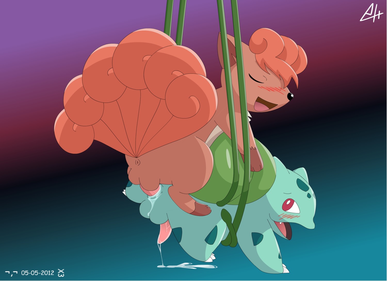 2012 abstract_background anal anal_penetration anus backsack balls blush bodily_fluids bulbasaur canid canine cum cum_drip dripping duo e621 erection eyes_closed feral feral_on_feral generation_1_pokemon genital_fluids genitals hi_res interspecies male male/male male_on_bottom male_on_top male_penetrated male_penetrating male_penetrating_male mammal multi_tail nintendo on_bottom on_top open_mouth penetration penis plant pokemon pokemon_(species) sex simple_background tail vines vulpix young zpectralkrystal