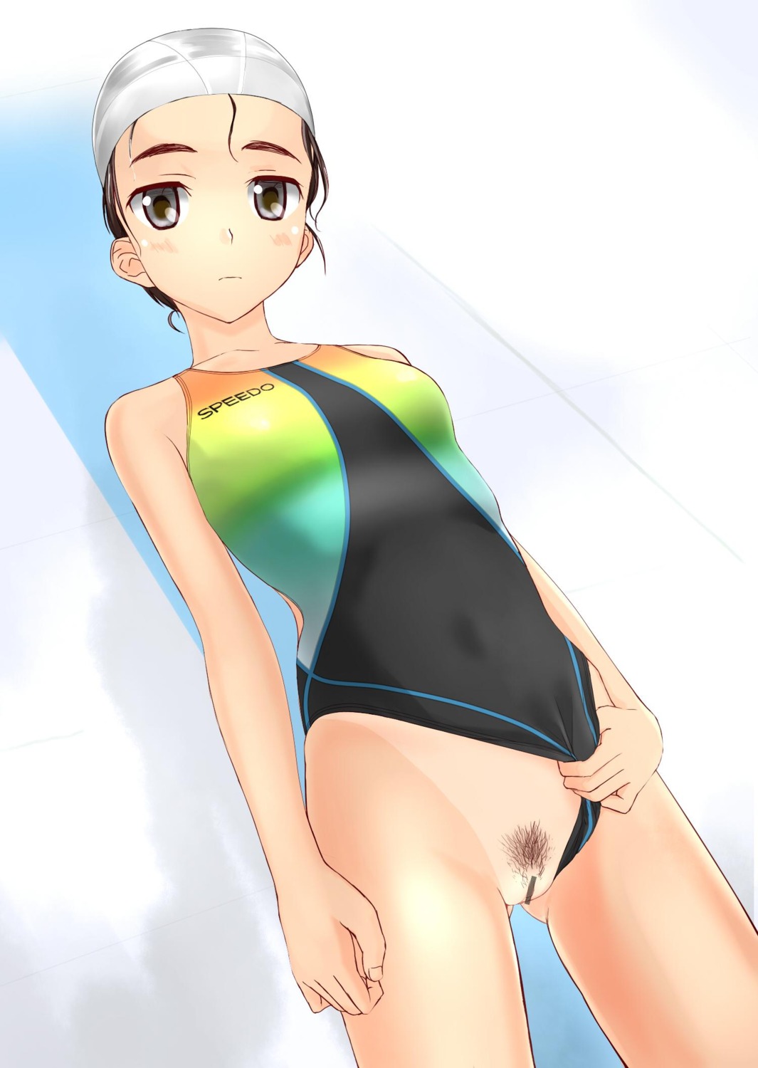 black_eyes black_hair censor_bar censored clitoris competition_swimsuit copyright_request female flat_chest highres one-piece_swimsuit pointless_censoring pubic_hair pussy rule34 solo source_request swim_cap swimsuit swimsuit_aside takafumi tan tanline