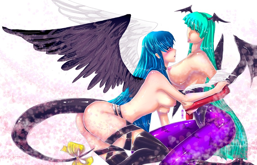 2girls aqua_eyes aqua_hair arev-san ass asymmetrical_wings blue_hair blush breasts breasts_out choker clothing crossover darkstalkers demon demon_girl dizzy_(guilty_gear) eye_contact female guilty_gear hair_down head_wings hug large_breasts looking_at_another medium_breasts monster_girl morrigan_aensland multiple_females multiple_girls mutual_yuri nipples open_mouth red_eyes rule34 stockings succubus tail tongue tongue_out topless very_long_hair wings yuri