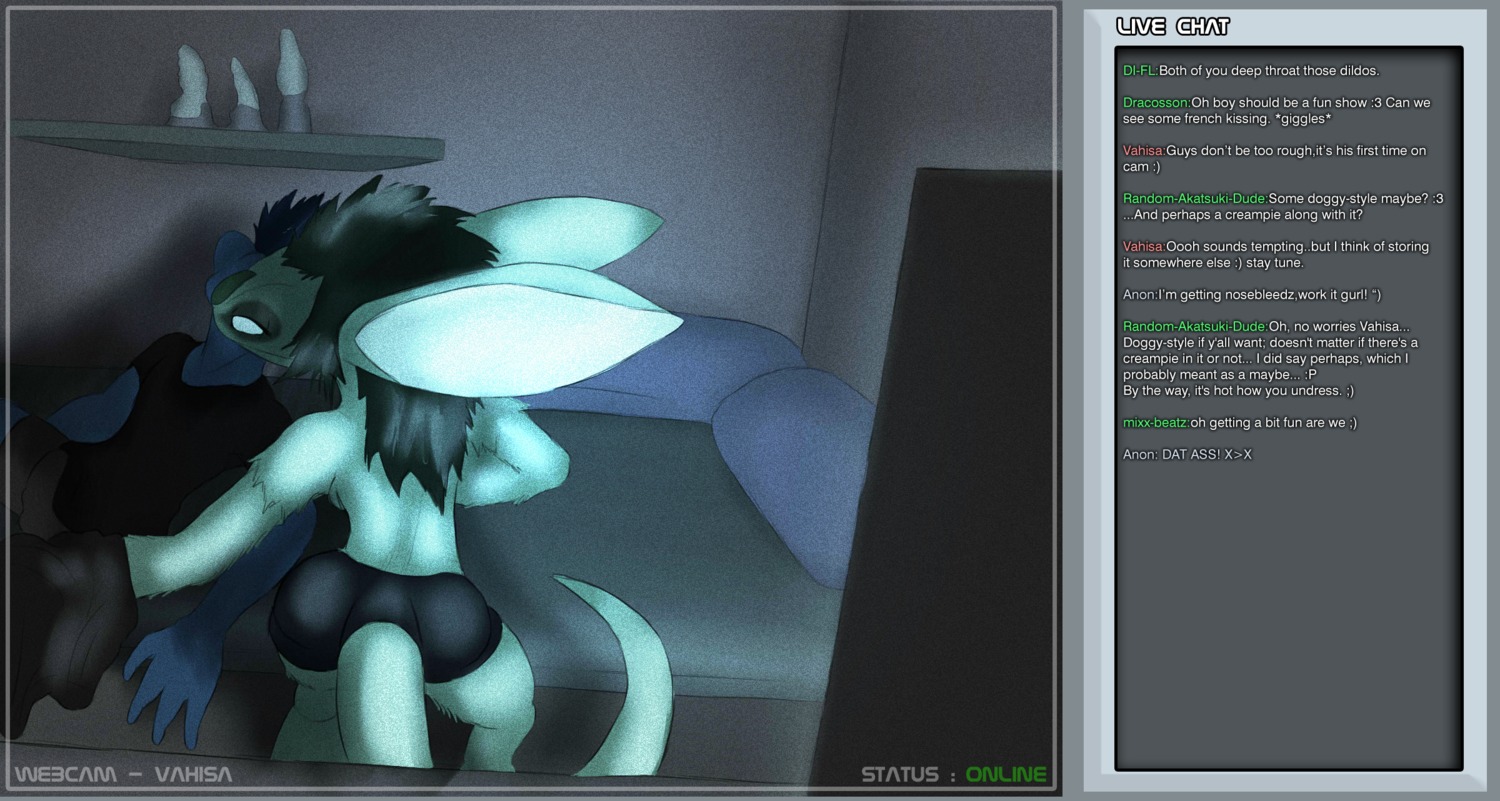 alien arvion bedroom blue_body blue_skin cam_show chat_box clothed clothing dildo dorzian duo e621 female fur green_body green_fur green_hair hair hi_res inside livestream long_ears long_tail male male/female mohawk monster nude panties petresko sex_toy tail topless underwear undressing