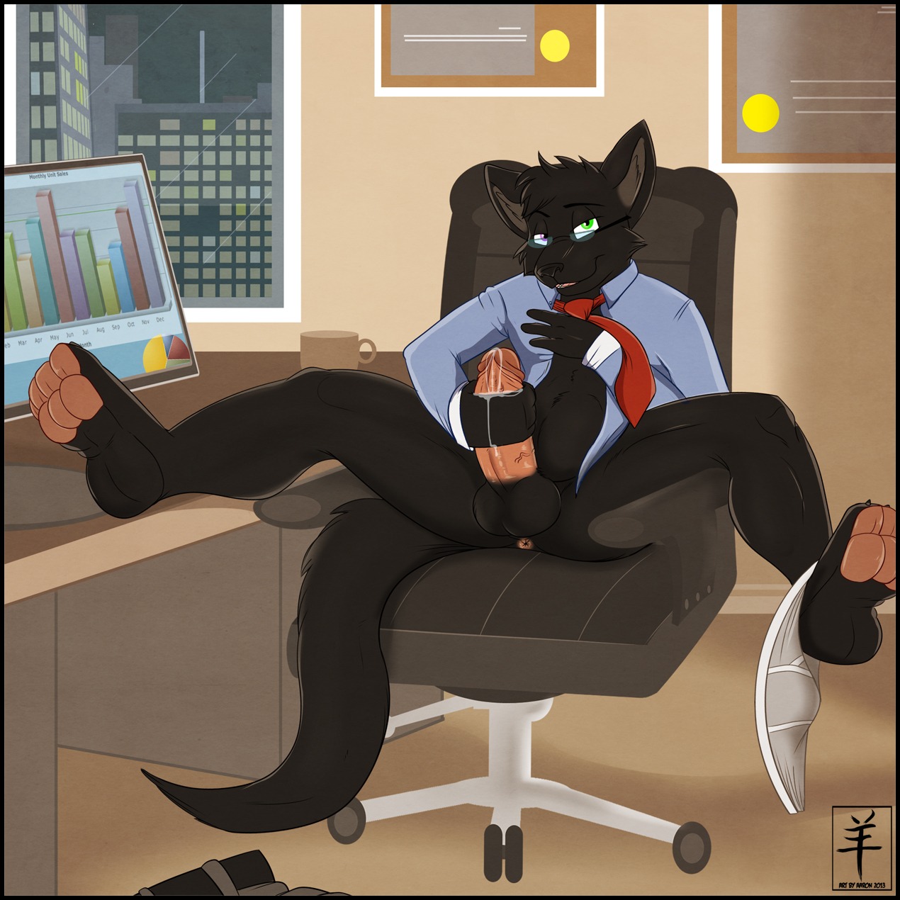1:1 2013 4_toes aaron_(artist) accessory animal_genitalia anthro anus balls big_penis biped black_body black_border black_fur black_hair black_nose bodily_fluids border bottomless briefs butt chair circumcised city cityscape claws clothed clothing clothing_around_one_leg collared_shirt computer cum cum_string digital_media_(artwork) domestic_cat dress_shirt dripping e621 electronics erection eyewear fangs feet felid feline felis fur furniture genital_fluids genitals glasses green_eyes hair heterochromia hi_res hindpaw humanoid_genitalia humanoid_penis inside leaking looking_at_viewer male mammal masturbation necktie night office open_clothing open_mouth open_shirt open_topwear panties partially_clothed pawpads paws penile penile_masturbation penis plantigrade pose precum presenting purple_eyes shirt sitting sky smile soles solo spread_legs spreading tail teeth thick_penis toe_claws toes tongue topwear underwear underwear_around_one_leg underwear_down vein