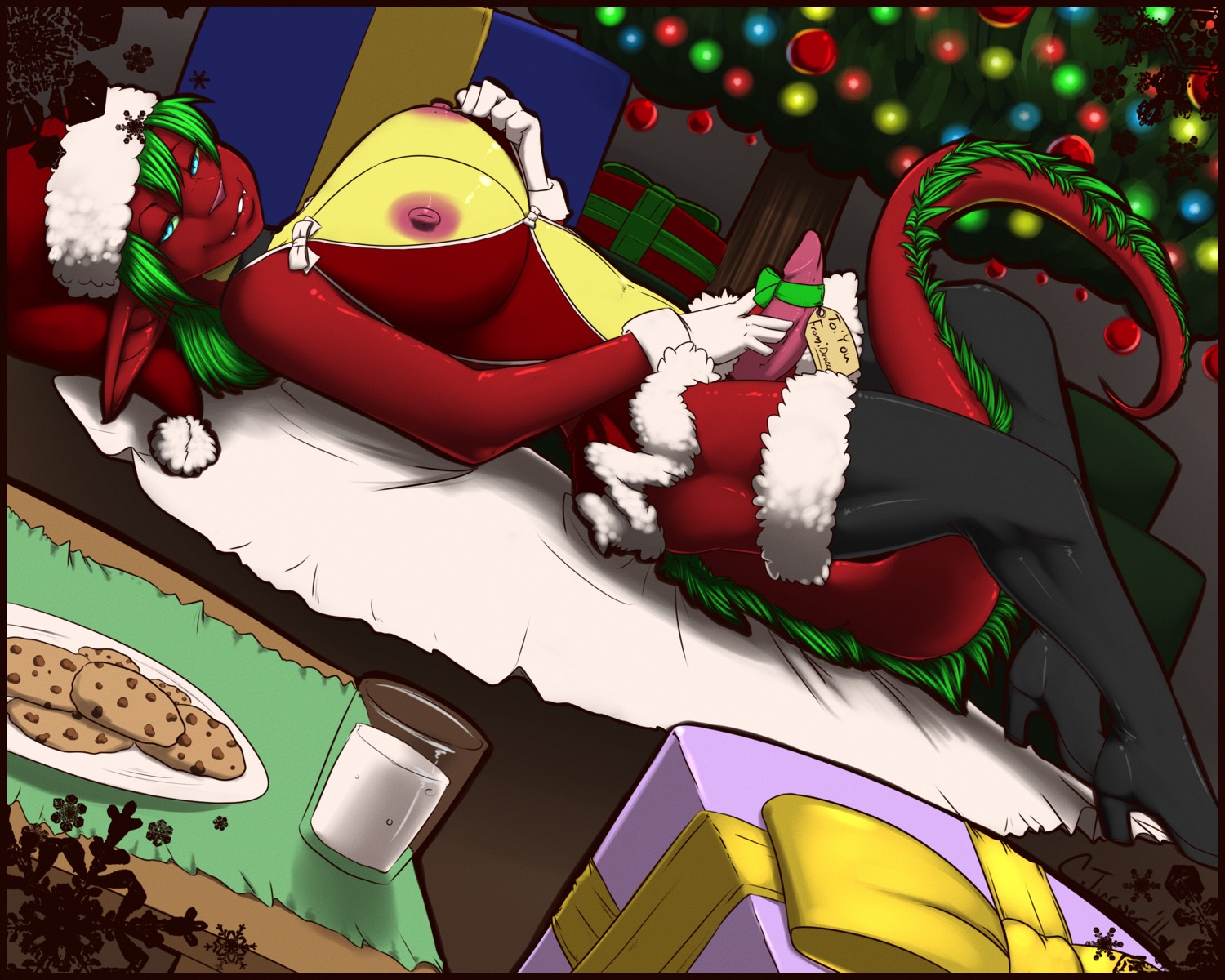 5:4 absurd_res accessory anthro big_breasts biped blue_eyes breasts christmas christmas_decorations christmas_lights christmas_tree cookie dragon e621 erection food fur genitals gift green_body green_fur green_hair gynomorph hair hi_res holidays huge_breasts inside intersex looking_at_viewer lying milk mythological_creature mythological_scalie mythology nipples non-mammal_breasts non-mammal_nipples penis penis_accessory penis_bow penis_ribbon plant presenting ribbons scalie smile solo syrae-universe tail tree